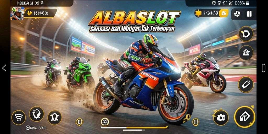 Gameplay seru ALBASLOT dengan aksi balap motor yang mendebarkan.