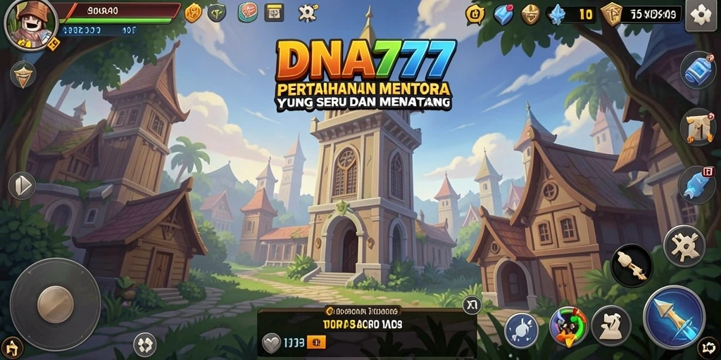 Tangkapan layar gameplay menunjukkan menara yang bertempur melawan gelombang musuh di DNA777.