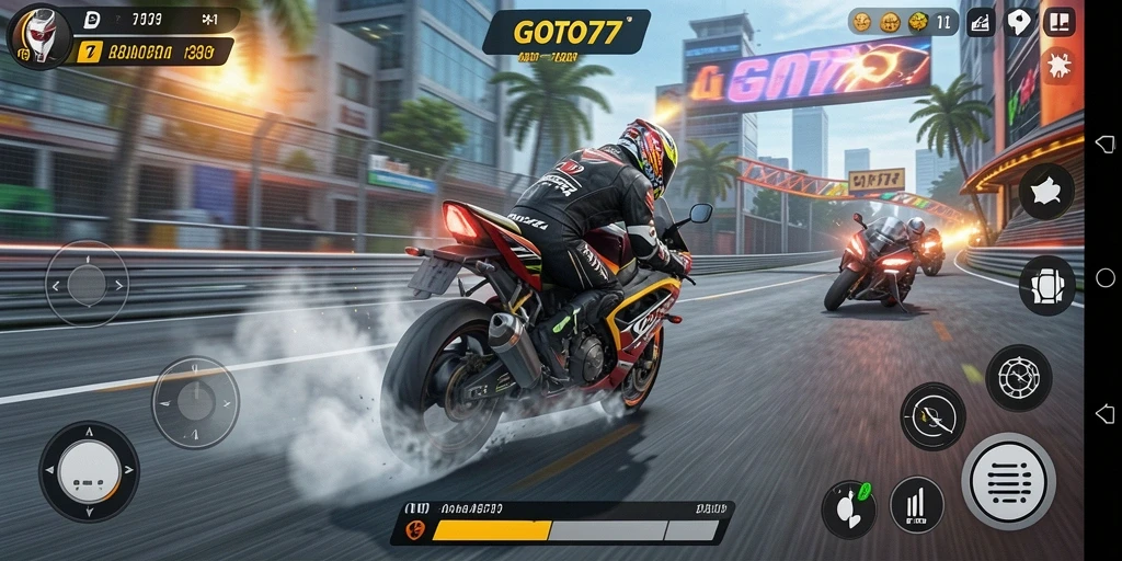 Screenshot <strong>GOTO77</strong> menampilkan balapan motor yang mendebarkan.
