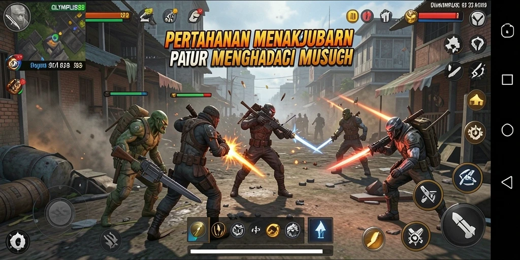 Tangkapan layar OLYMPUS88 menunjukkan menara dan musuh di medan perang.
